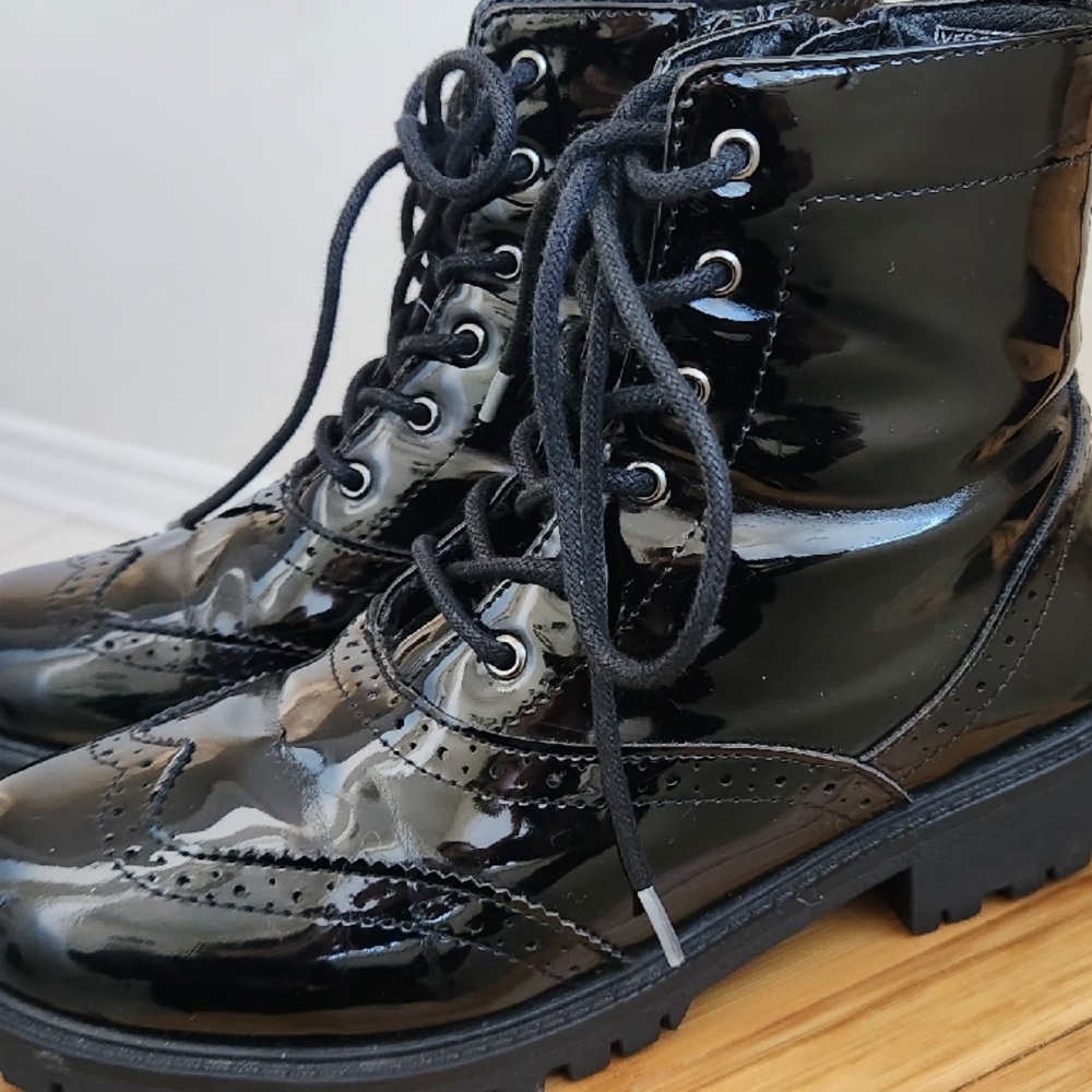 Black Patent Leather Lace-Up Boots